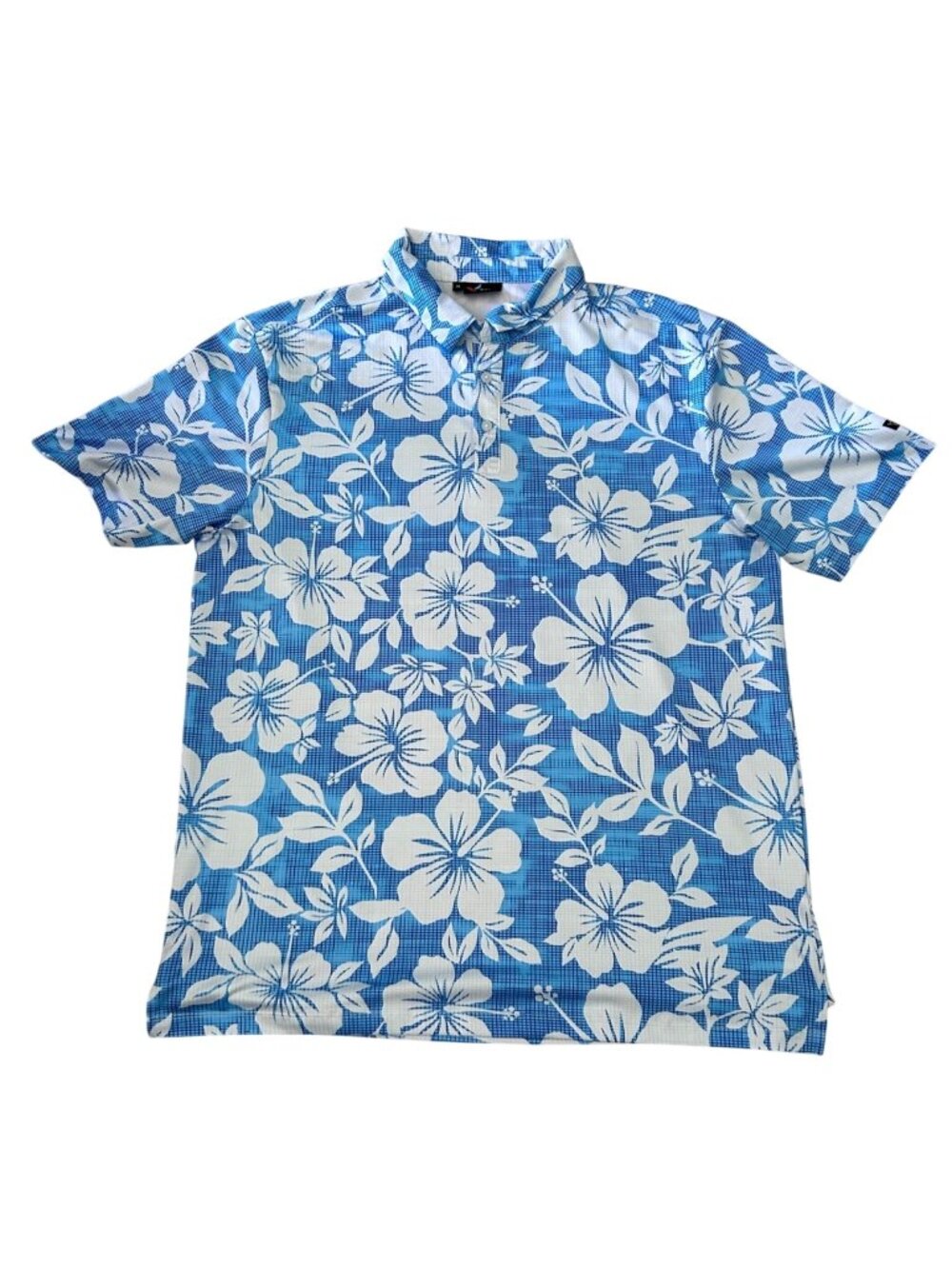 Yatta Golf Mens Hawaiian Polo Shirt XL Blue & White Hibiscus Short Sleeve Lightw